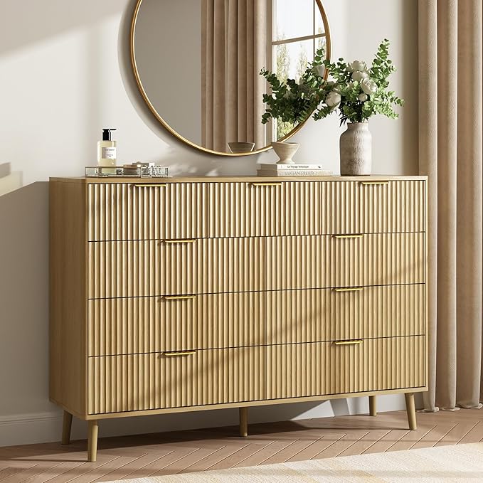 CARPETNAL Fluted Dresser and Nightstand Sets for Bedroom, 3 Pcs Bedroom Set, 9-Drawer Dresser & 2-Drawer Nightstand Set of 2, Modern Wood Chest of Drawers for Living Room, Entryway, Oak