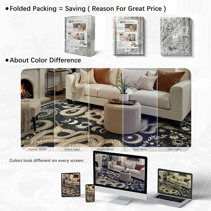 DCX Washable 8x10 Snake Rug, Black Gothic Rug for Living Room, Soft Low Pile Carpet, Kid & Pet Friendly with Rubber Back Non Slip, Stain Resistant Rug for Bedroom Dining Room Office