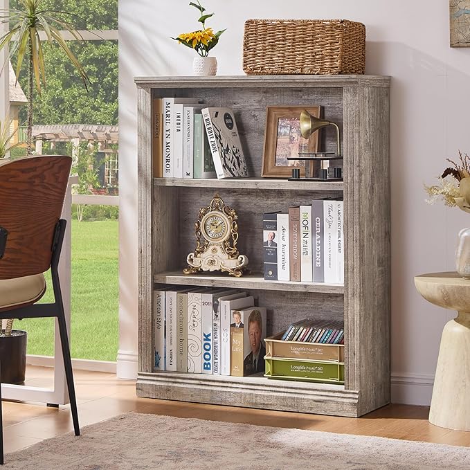 43" Grey Tall Bookshelf Set of 2,3-Tier Thick Wooden Book Shelf with Adjustable Shelves,Free Standing Farmhouse Bookcase with Open Display Storage,Floor Vintage Bookshelves for Living Room