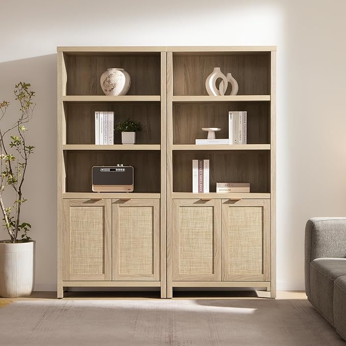 SICOTAS Bookcase 71" Tall Bookshelf 5 Tier Rattan Boho Bookcase with Doors Storage Large Book Case Shelf Farmhouse Bookshelves Library Book Shelves for Living Room Bedroom Home Office Kitchen