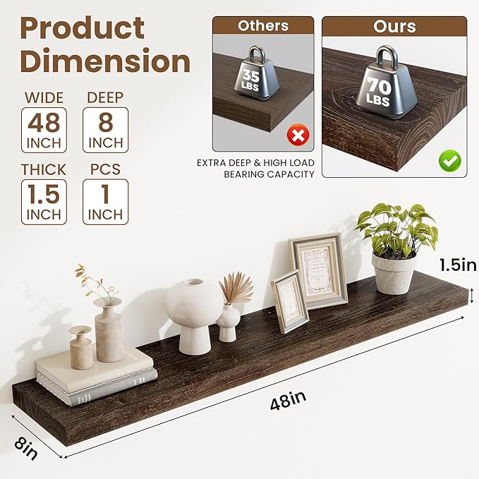 Extra Deep 48" Long Rustic Solid Wood Floating Shelves for Wall, Wall Shelves with Invisible Bracket for Living Room Bathroom Bedroom Kitchen, Set of 1, Walnut
