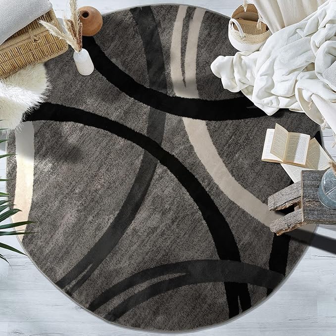 Rugshop Wavy Circles Design Round Rug, Carpet with Jute Backing for Living Room, Office, or Bedroom, Gray, 6'6" Round