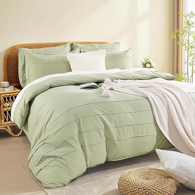 NEXHOME PRO 100% Organic Cotton Duvet Cover Full, Linen Like Pleated Textured Sage Green Duvet Cover Set, 3pc Bedding Set with Zipper Closure, Soft, Lightweight and Breathable (80"x90", No Comforter)