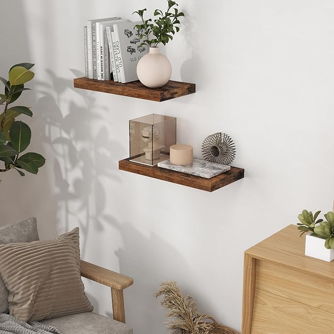 16 Inch Long Floating Shelves, 9.3 Inch Deep Floating Shelf for Wall, Living Room, Kitchen, Rustic Deep Wood Shelves for Bathroom, 2 Pack Storage Display Shelf for Books, Decor, Rustic Brown