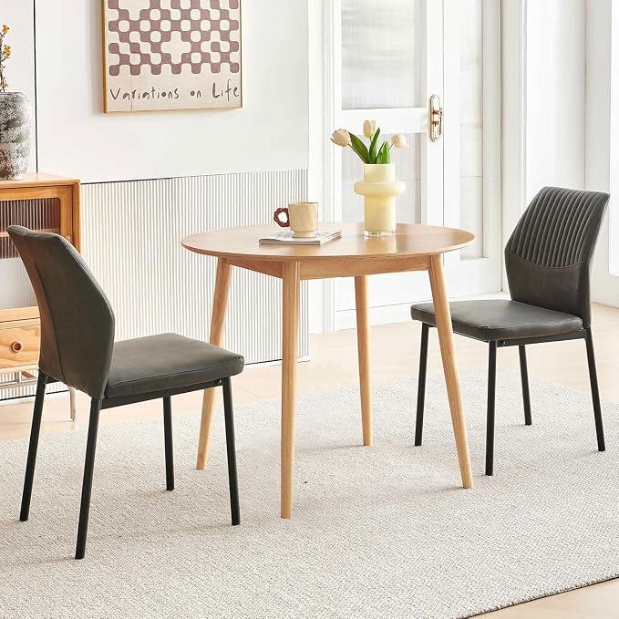 3-Piece Dining Table Set, Round Breakfast Dinner Table with Solid Wood Veneer Tabletop, Compact Table & Chairs, Dark Grey