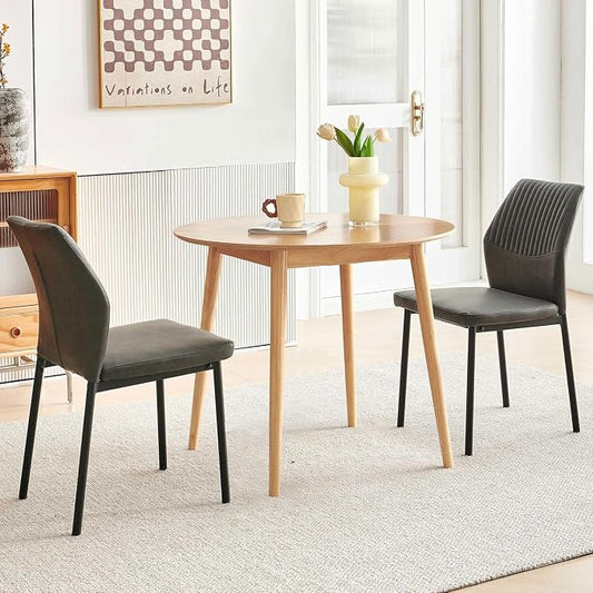 3-Piece Dining Table Set, Round Breakfast Dinner Table with Solid Wood Veneer Tabletop, Compact Table & Chairs, Dark Grey