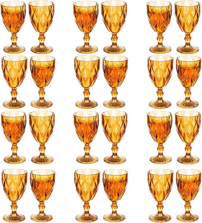 24 Pack Vintage Wine Glasses, Plastic Reusable 12 Ounce Colored Water Goblets, Unique Embossed Pattern Unbreakable Stemmed Wine Glasses High Clear Wedding Party Bar Drinking Cups Amber
