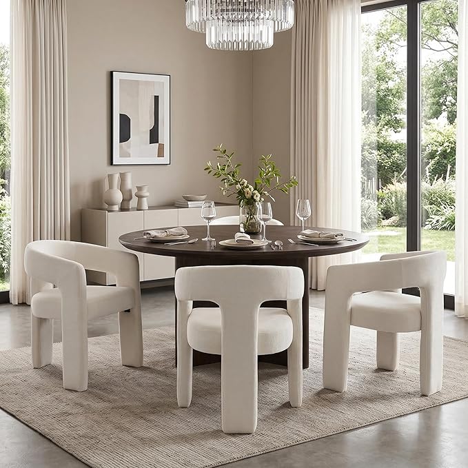 HNY Modern Barrel Kitchen & Dining Room Chairs Set of 6, Chenille Upholstered Accent Chairs with Arm, 18.5'' Wide Side Armchairs Vanity Chairs for Living Room Bedroom Makeup Small Spaces, White