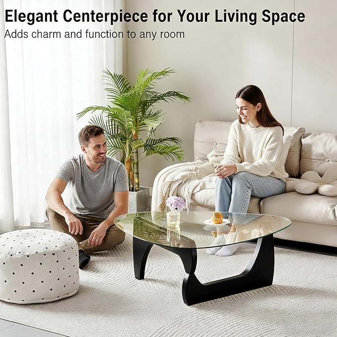 Coffee Table for Living Room, 44.9″D×32.3″W×15.8″H Modern Glass Coffee Table & Wooden Base, Unique Center Tables for Apartment, Small Spaces, Office
