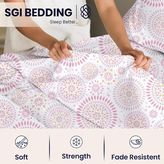 SGI Split King Sheet Set for Adjustable Bed Egyptian Premium Cotton 600 Thread Count Sheets for Sleep Number Bed 15" Deep Pocket 5 Pc Set with 2 Twin XL Fitted Sheets Soft Breathable - Boho Mandala