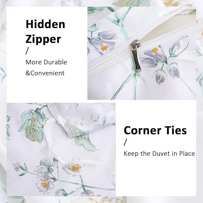 100% Cotton Duvet Cover Set King Size Vintage Chic Style Green Floral Duvet Cover Lightweight Floral Bedding Set with Zipper Closure for All Season, Exquisite, Ultra Soft