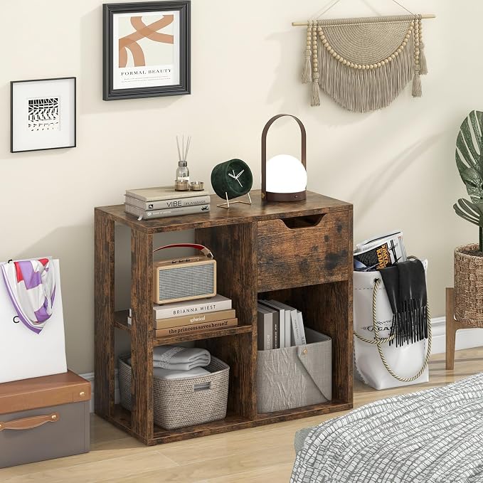 LOKO 3-Cube Bookshelf with Drawer Set of 2, 2-Tier Open Shelf Bookcase, Freestanding Display Shelf, Modern Home Storage Organizer, Shelving Unit for Living Room, Study, Office (1, Rustic Brown)