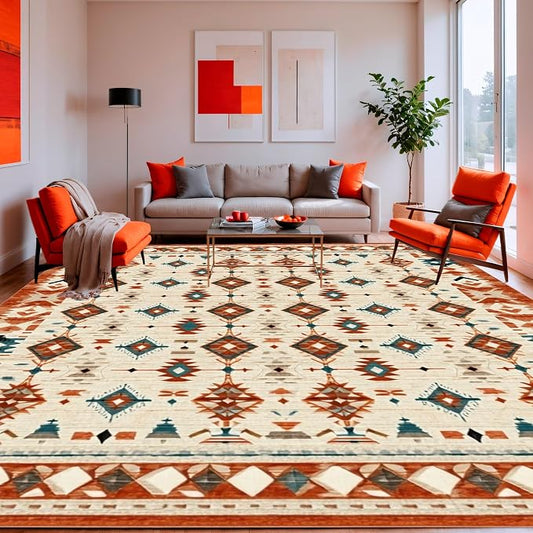 Flatwoven High Traffic Area Rug 6x9, Southwestern Aztec with Detailing, Non Slip, Stain Resistant, Washable Area Rugs for Living Room, Bedroom (Beige, 6x9)