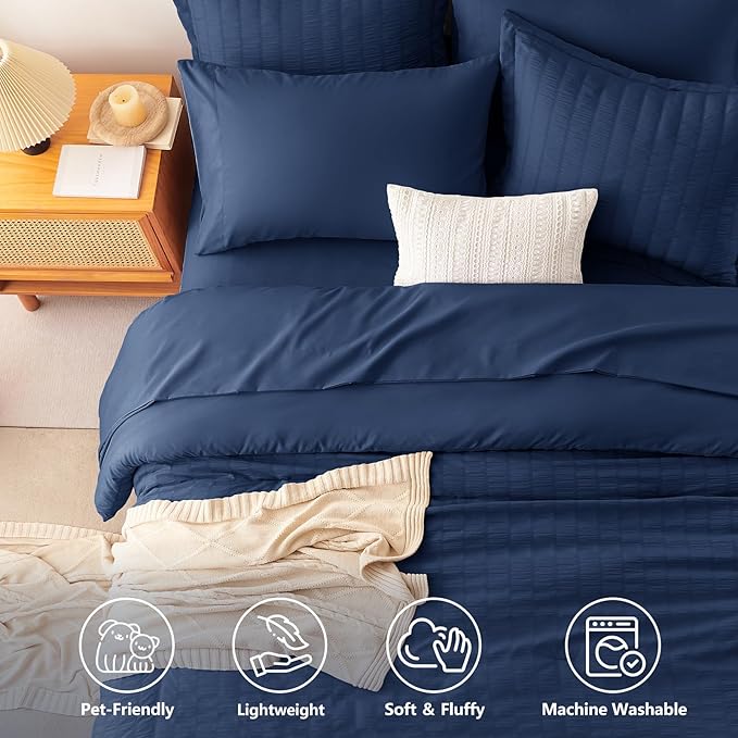 CozyLux Twin Comforter Set with Sheets 5 Pieces, Navy Blue Seersucker Luxury Textured Bed in a Bag, All Season Soft Bedding Sets with Down Alternative Comforter, Sheets, Pillowcase & Sham, Home Gift