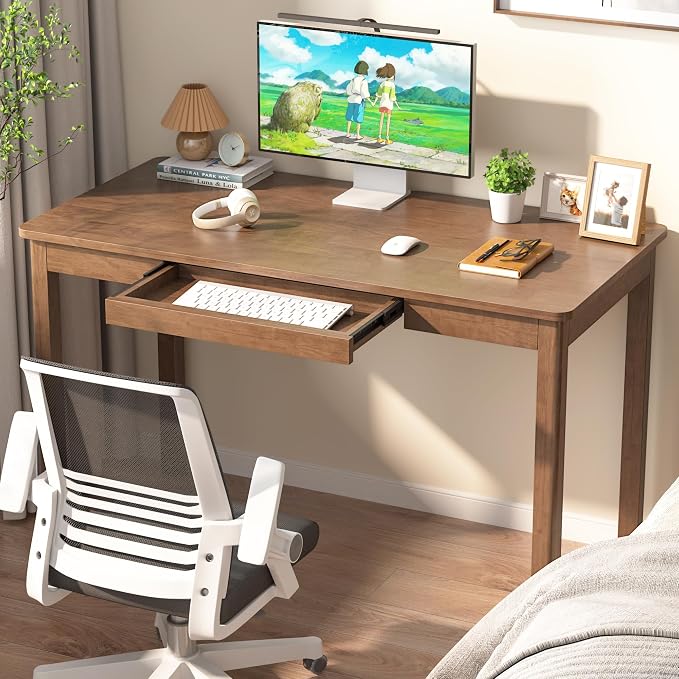 Solid Wood Desk with Keyboard Tray - 48 Inch Mid Century Modern Writing Desk, Computer Desks with Keyboard Tray, Simple Study Table Home Office Desks for Bedroom|Small Spaces-Walnut Color