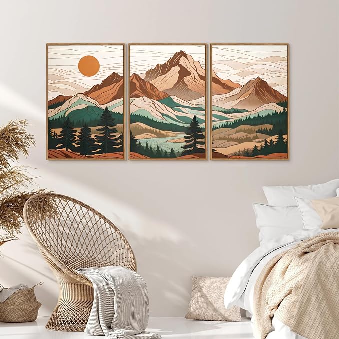Tinonedraw Large Mountain Framed Canvas Wall Art Set of 3, Boho Nature Forest Wall Decor, Neutral Wooden Pine Trees Artwork, Sunrise Ridge Landscape Art Printing for Living Room Bedroom Office 24"x36"