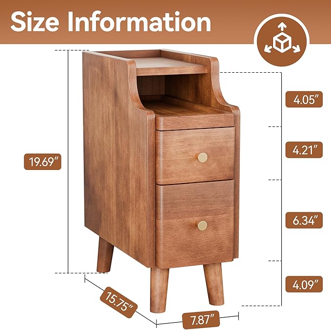 Narrow Nightstand with Drawers, 19.7" H Pre-Assembled Solid Wood Small Skinny Night Stand with Open Sliding Shelf, Mid Century Modern Slim Bedside Table for Bedroom, Sofa End Side Table, Walnut