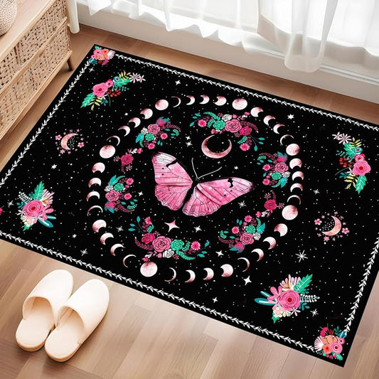 Pink Butterfly Area Rug 2'x3' Moon Phase Floral Rugs for Entryway Bedroom Living Room Kitchen Home Decor Boho Gothic Butterfly Carpet Non-Slip Washable Floor Mat