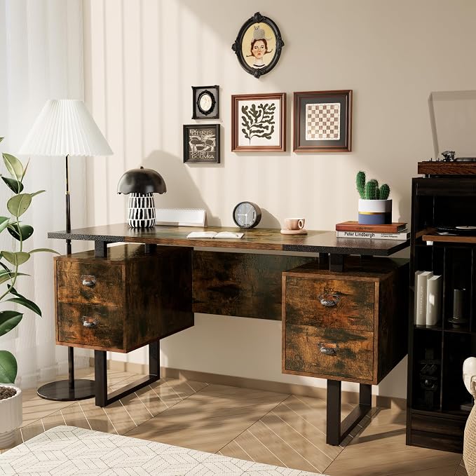 Computer Desk for Home Office with 4 Large Drawers, Rustic Wood Writing Study Table Metal Frame, 59” x 21.7” 29.5”, Color Block Desktop,Easy Assembly, Vintage and Black CTSZ20401CM