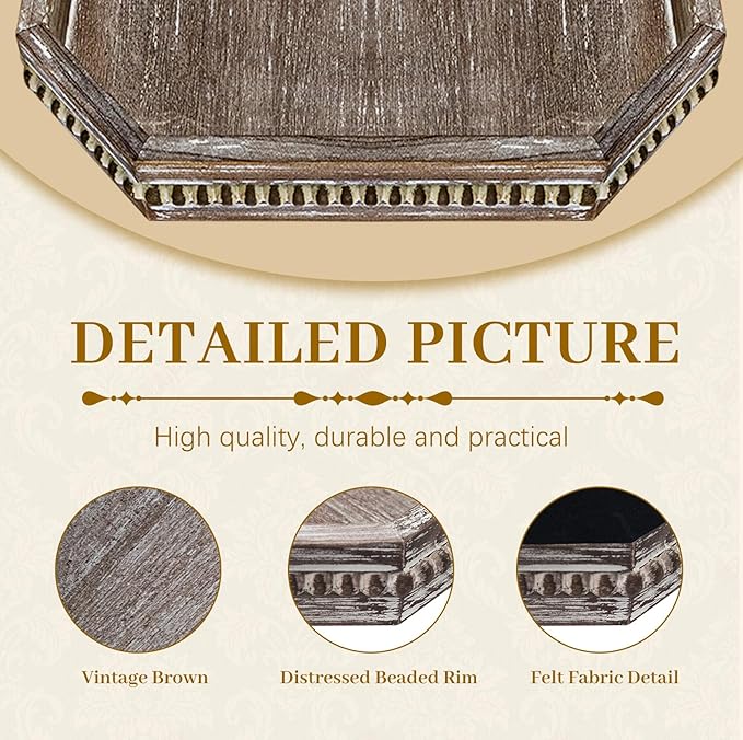 MAONAME Wood Serving Tray, Farmhouse Wooden Tray for Coffee Table, Octagonal Beaded Trays, Vintage Brown Decorative Trays for Living Room, Kitchen, 15.7" X 10.2" X 1.6"