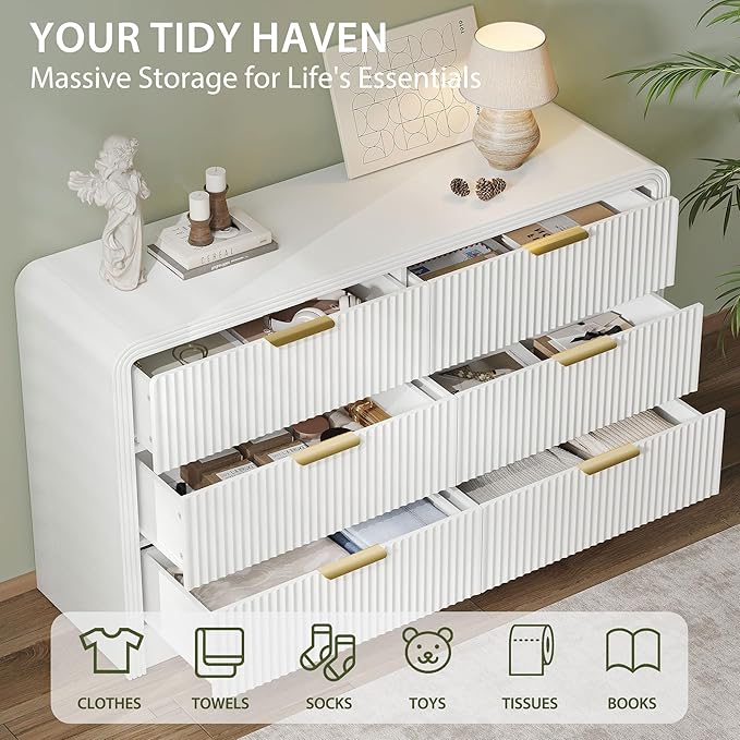Fluted 6 Drawers Dresser for Bedroom, 55 Inch Wood Dressers with Gold Handles, Modern Dressers with Wave Texture, Large Storage Chest of Drawers, Bedroom Dresser Organizer (Pure White)