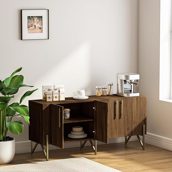 roomfitters Walnut Mid Century Modern TV Stand for TVs up to 65", Sideboard Buffet Cabinet for Living Room, Walnut Entertainment Center with Doors, Credenza Media Console with Storage, Gold Legs…