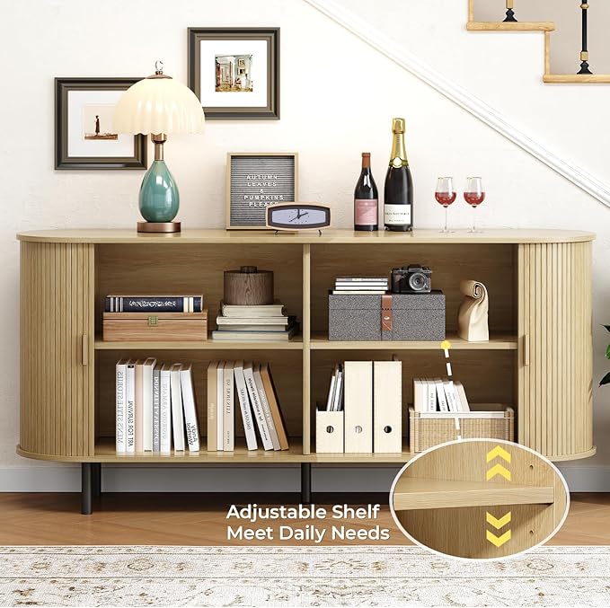 Buffet Cabinet with Storage, Fluted Sideboard Buffet with Sliding Door, Coffee Bar Cabinet with Adjustable Shelf, Console Table, Accent Table for Entryway, Kitchen (Oak, 63 Inch)