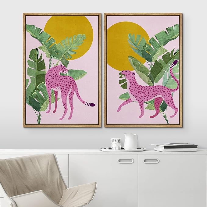 IDEA4WALL Framed Canvas Print Wall Art Set Tropical Jungle Banana Leaf Pink Cheetah Cat Nature Wilderness Digital Art Modern Art Decorative Animal for Living Room, Bedroom, Office - 16"x24"x2 Natural