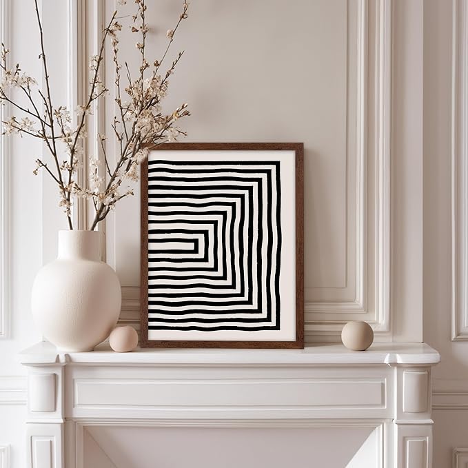 Poster Master Japanese Ink Poster - Rectangle Tunnel Print - Geometric Illustration - Abstract Illustration - Line Artwork - Mid Century Modern Art - Minimal Living Room Design - 8x10 Brown Framed