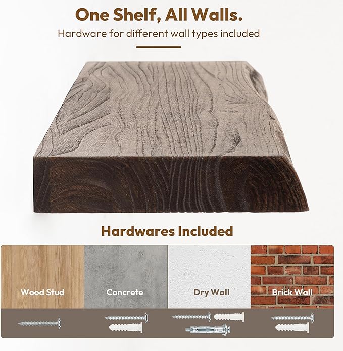 Vivelove Live Edge Floating Shelves Set of 2, Solid Elm Wood Wall Display Shelf with Invisible Bracket for Living Room Bedroom Bathroom Office, Rustic Farmhouse, 24 inch - Dark Walnut
