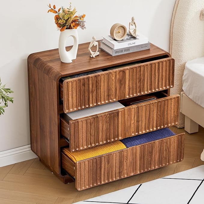 Turtle&Myrtle Fluted 3 Drawer Dressers for Bedroom, 31.5" Wide Large Mid Century Modern Nightstand W/3 Storage Drawers, Wood Dresser & Chest of Drawers with Curved Profile for Living Room (Walnut)
