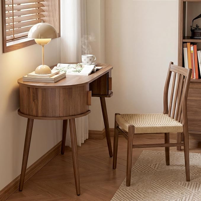 AVZEAR 43" Oval Fluted Home Office Desk, Small Computer Desk Mid Century Modern Vanity Table with Sliding Tambour Door, Wooden Writing Study Desk for Small Spaces, Bedroom, Office(Wlanut)