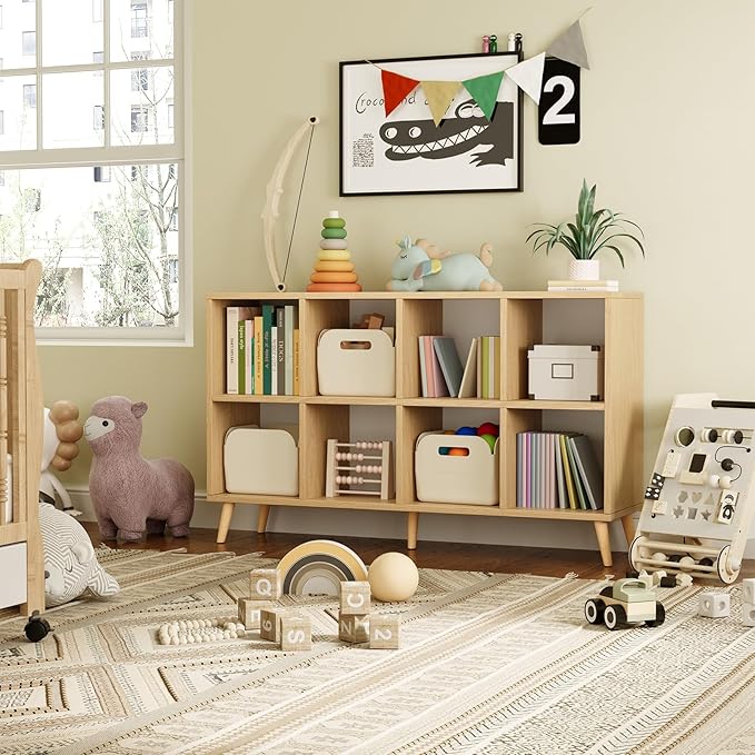 8 Cube Storage Organizer, Mid-Century Modern Wooden Bookcase with 5 Solid Wood Legs, Horizontal Cubby Bookshelf Fits 11 Inch Bins, Versatile Console TV Stand for Living Room, Kids Room, Natural