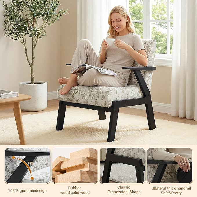 Floral Accent Chair, Mid Century Modern Chairs, Upholstered Armchair with Solid Rubber Wood Living Chair, Ergonomic Chair for Living Room, Bedroom, Reading Room