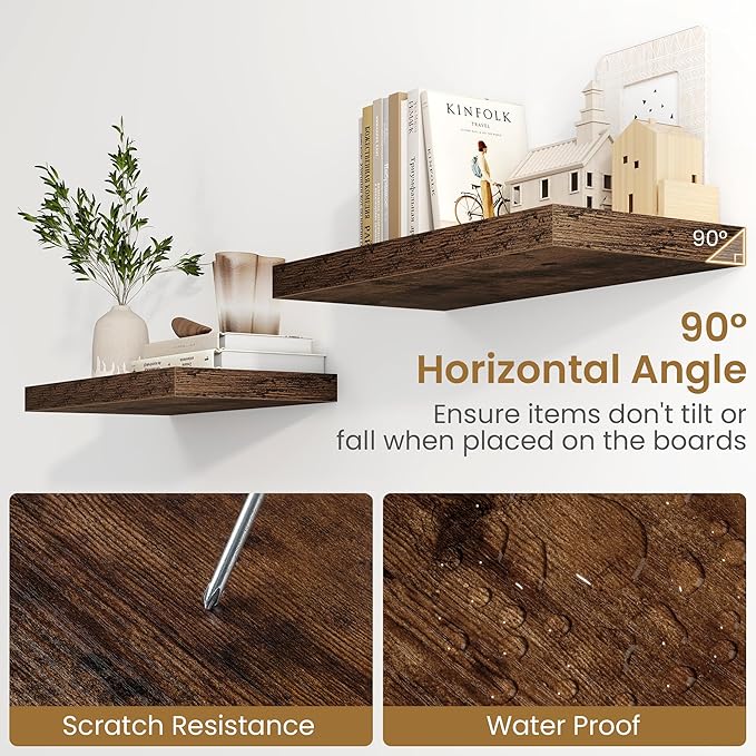 36"W x 9.3"D Floating Shelves for Wall, Wall Mounted Bathroom Shelves 2 Pack Deep Floating Shelf for Bedroom Kitchen Living Room, Rustic Wooden Wall Shelf with Invisible Bracket for Books Decor