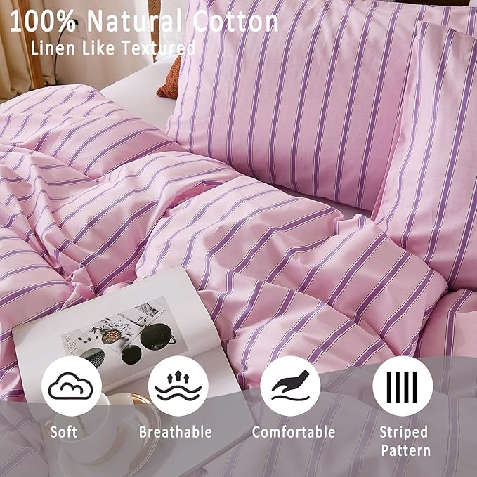 Merryword 100% Cotton Duvet Cover Set Queen Size - Pink & Purple Striped Bedding Set with Zipper & Corner Ties, 3-Piece Luxury & Silky Soft Bedding Set for All Seasons