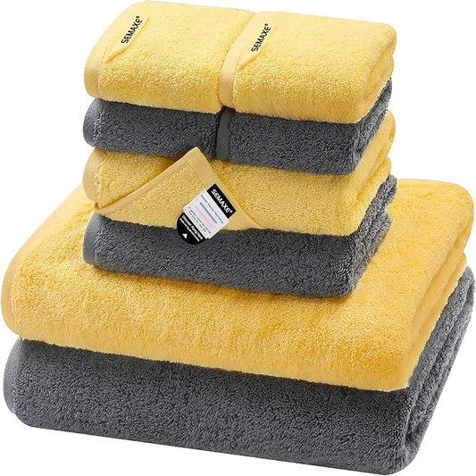 SEMAXE Bath Towel Set, 8 Piece Towel Set for Bathroom, Quick Dry Cotton Towels with Hanging Loops, Easy Care, Yellow & Gray
