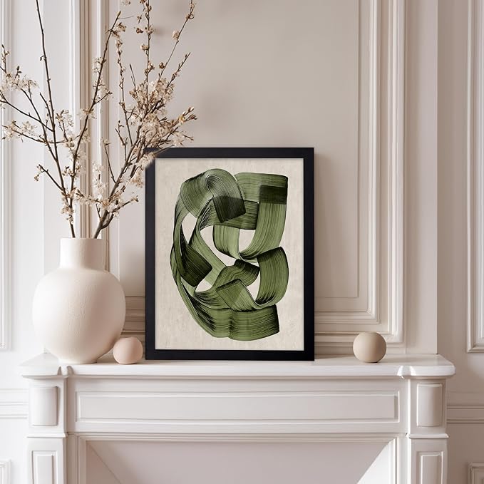 Poster Master Green Abstraction Poster - Brush Strokes Print - Painted Swirl Art - Chic Boho Design - Abstract Illustration - Great Office or Living Room Decor - 8x10 Black Framed