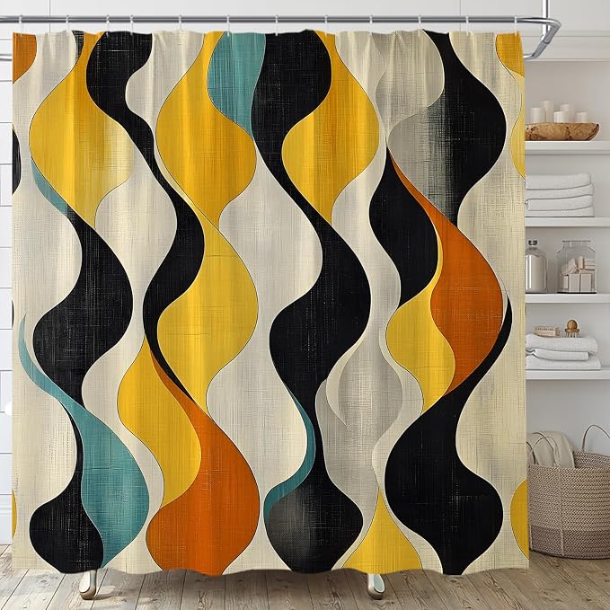 Mid Century Shower Curtain Boho Minimalist Modern Abstract Aesthetic Geometric Striped Atomic Retro Earthy Fabric Bathroom Decor Set with Hooks(84" Wx70 H)