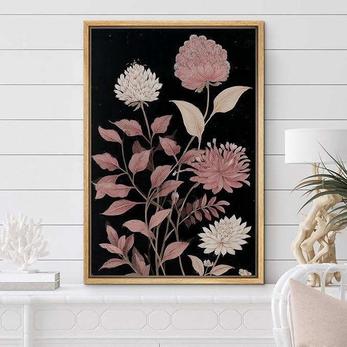 Woodrose Framed Canvas Print Wall Art Soft Pink Floral Arrangement Vintage Style Botanical Illustrations Modern Art Minimalist 3D Colorful Ultra for Living Room, Bedroom, Office - 16"x24" NATURAL