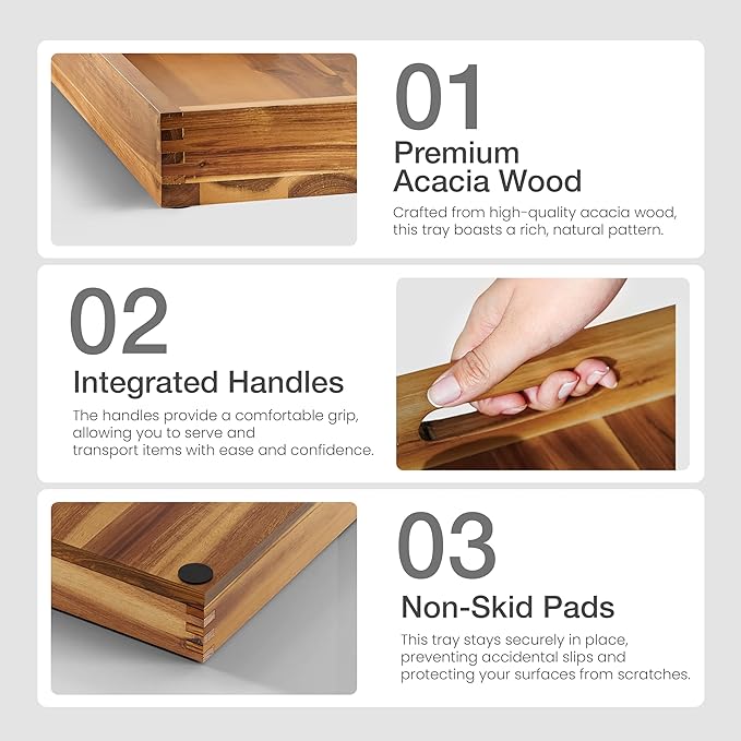 24 x 24 inch Acacia Wood Square Ottoman Tray – Large Wooden Tray for Ottoman, Extra Large Ottoman Tray for Living Room, Coffee Table & Decorative Use (Acacia Color)