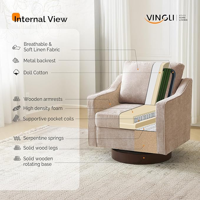 VINGLI Mid-Century Modern Swivel Accent Chair, 360°Upholstered Armchair, Home Sofa with Track Arms for Living Room, Bedroom, Reading Room, Club Swivel Chair, Chenille Khaki