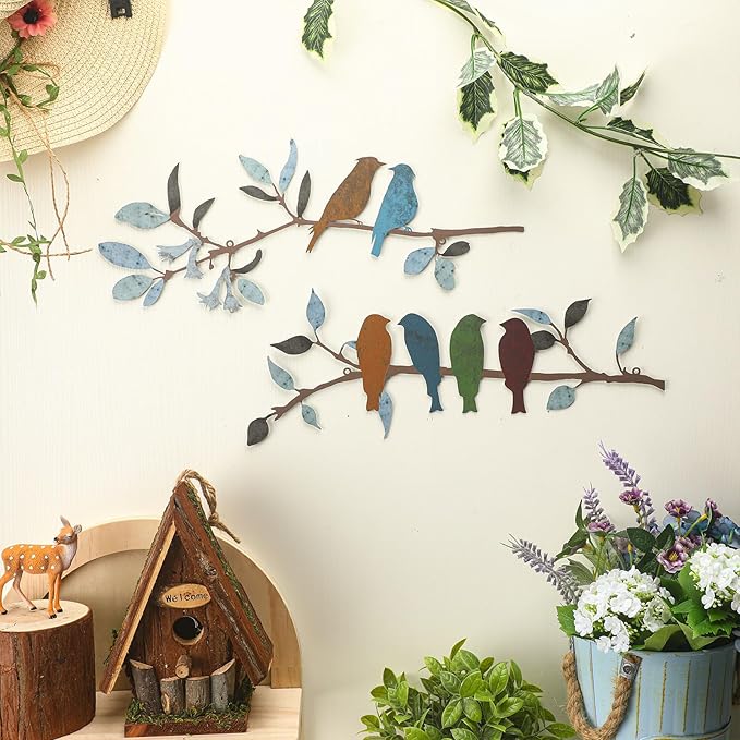 Demissle 2 Pcs Metal Birds Wall Art Decor Vivid Birds on Branch with Leaves Rustic Wall Decor Waterproof Metal Sculpture Hanging Sign for Home Balcony Garden Indoor Outdoor(Stylish Colors)