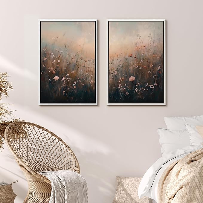 MUDECOR Framed Canvas Print Wall Art Forest and Lake Landscape Vintage Nature Scenery Illustrations Modern Art Decorative Bohemian Chic for Living Room, Bedroom, Office - 16"x24"x2 White