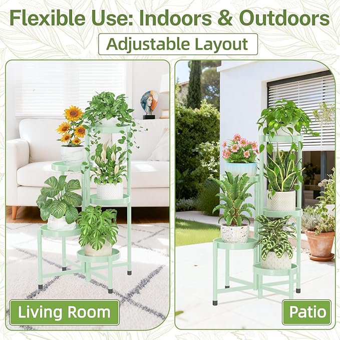 iDavosic.ly Plant Stand Indoor Outdoor, 5 Tier Corner Metal Flower Display Holder Shelf, Folding Tall Orchid Rack for Patio Balcony Porch Garden Living Room House, Light Green