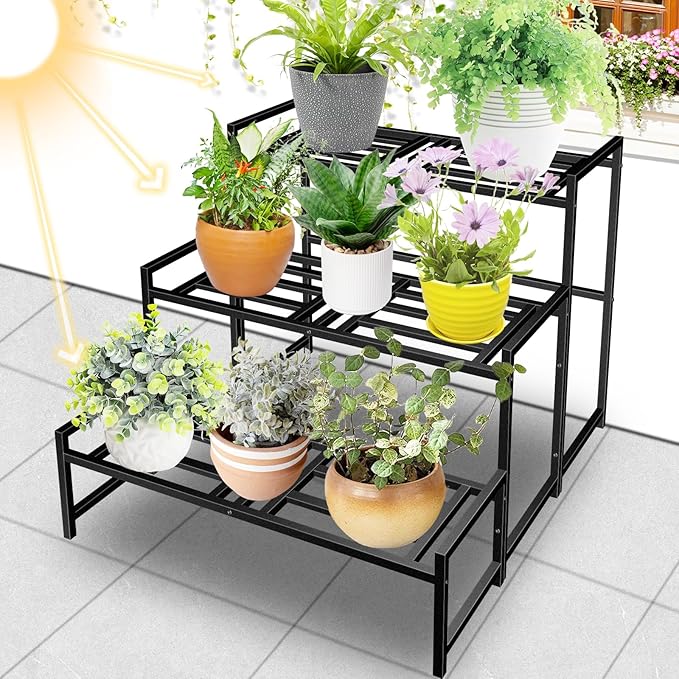 Lilybud--lily Plant Stand Indoor Outdoor, 3-Tier Wrought Iron Plant Stands, Stackable Metal Plant Shelf Decorative Outdoor Flower Stand Heavy Duty Pedestal Stands for Garden Deck Living Room, Black