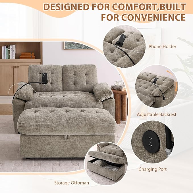 Oversized Chaise Lounge Chair Indoor, Double Convertible Recliner Reading Arm Sofa Chair W/Adjustable Backrest & Charging Port Couch Bed for Living Room, Home Theater & Bedroom, Brown