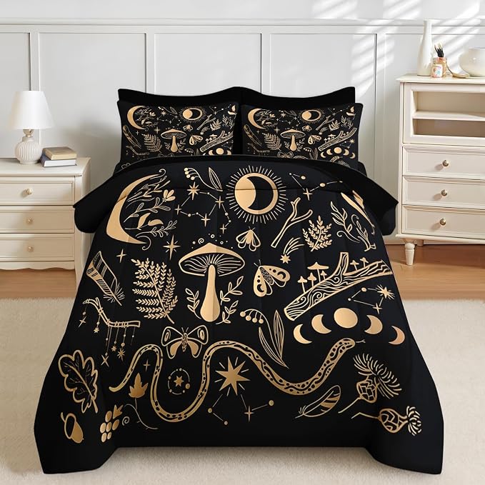 Nesker Comforter Set Twin Size, Golden Mushroom Moon 5 Pcs Bedding for Kids and Adults, Moth Vintage Gold Bed Sheet Sets with Fitted Sheet Pillowcase & Sham