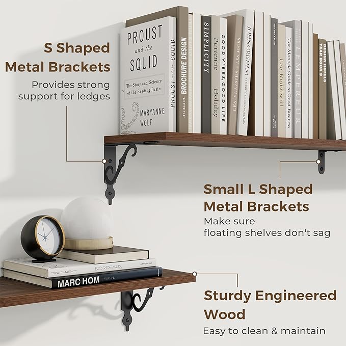 RICHFOCUS Floating Shelves for Wall Decor, 55.1W x 8D Shelves Set of 2, 8 Inch Deep Rustic Wood Shelves Wall Mounted with Brackets, Long Floating Shelves for Living Room Bedroom Kitchen, Walnut