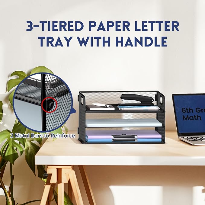 Supeasy 3 Tier Paper Organizer with Handle, Mesh Desk Organizer Letter Tray, Paper Tray File Organizer for A4 File Folder, Black, 2 Pack